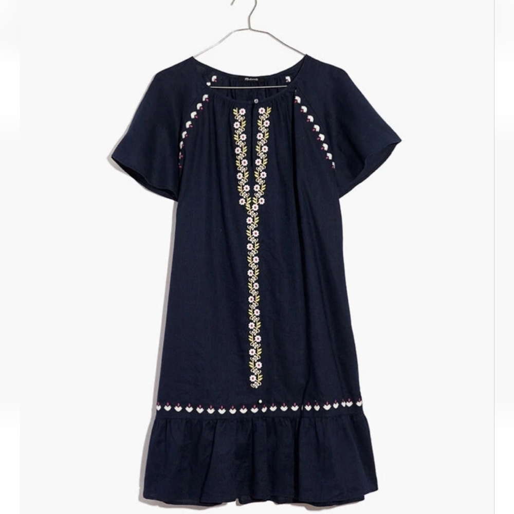 Madewell Embroidered Linen-Blend Raglan Ruffle Mini Dress In Deep Navy - Picture 1 of 8